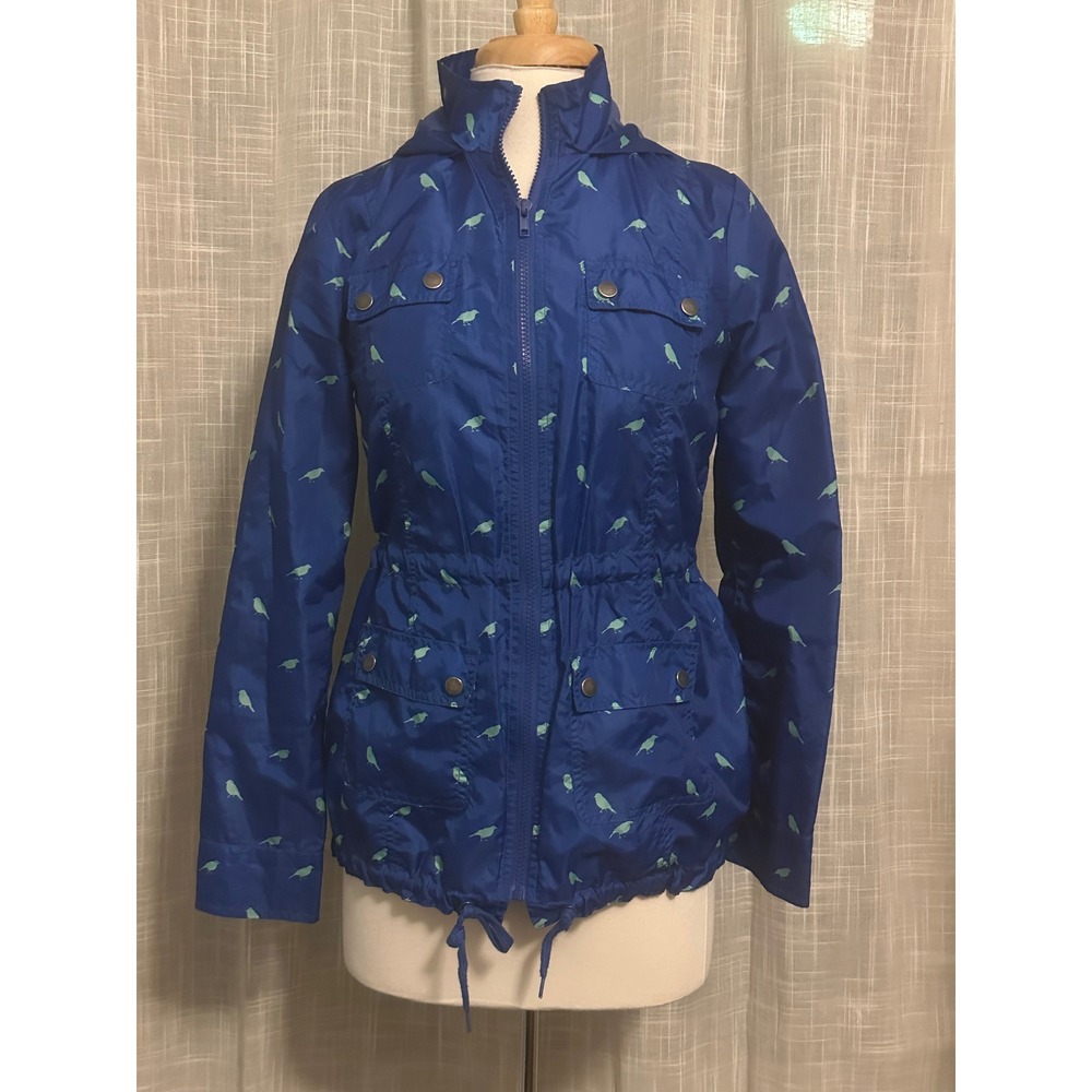 Mossimo Supply blue bird print hooded rain jacket size Small